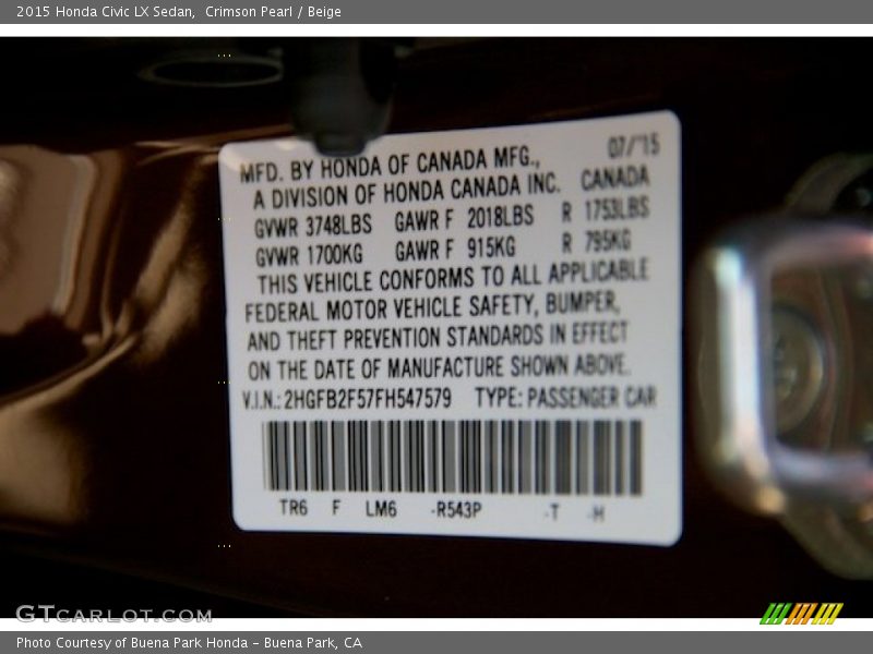 Crimson Pearl / Beige 2015 Honda Civic LX Sedan