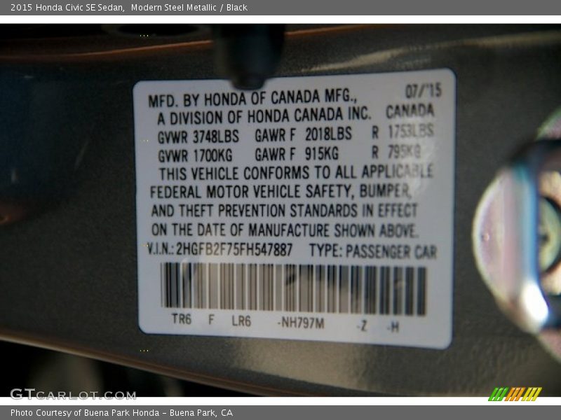 Modern Steel Metallic / Black 2015 Honda Civic SE Sedan