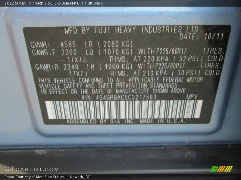Sky Blue Metallic / Off Black 2012 Subaru Outback 2.5i