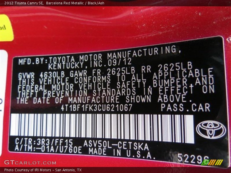 Barcelona Red Metallic / Black/Ash 2012 Toyota Camry SE