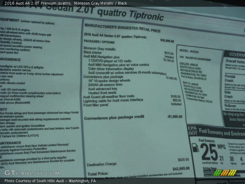  2016 A4 2.0T Premium quattro Window Sticker