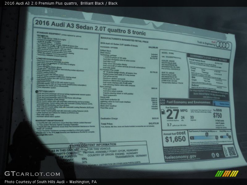  2016 A3 2.0 Premium Plus quattro Window Sticker