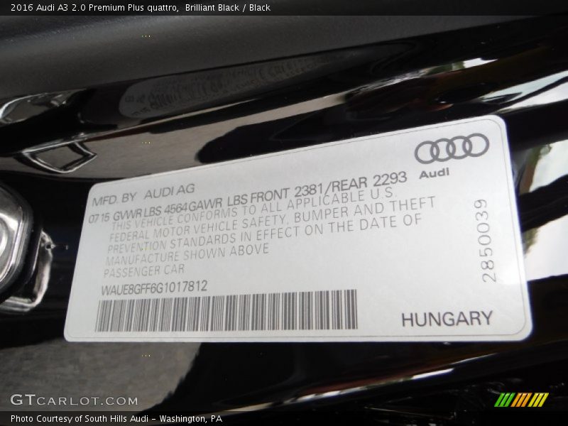 Brilliant Black / Black 2016 Audi A3 2.0 Premium Plus quattro