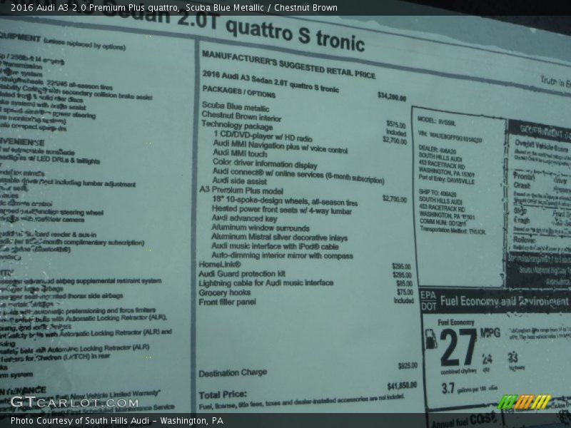  2016 A3 2.0 Premium Plus quattro Window Sticker