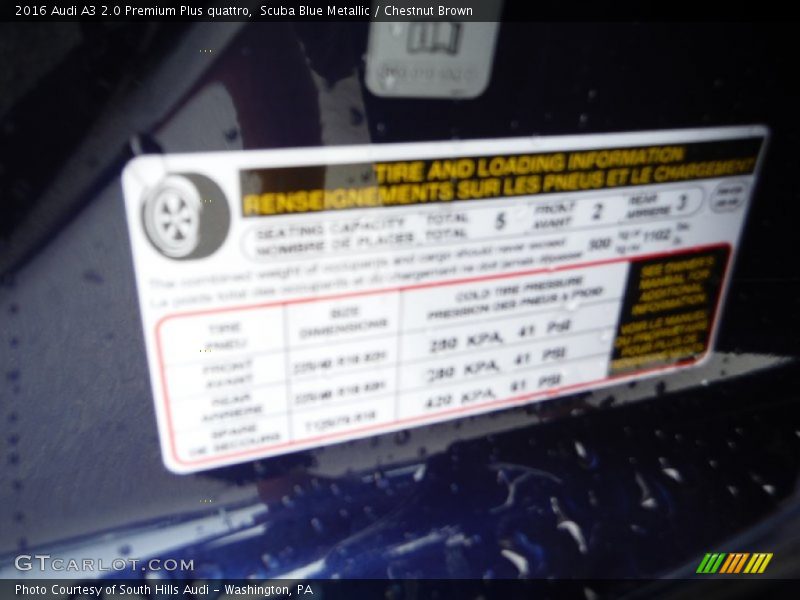 Scuba Blue Metallic / Chestnut Brown 2016 Audi A3 2.0 Premium Plus quattro