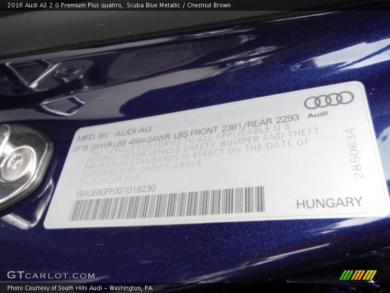 Scuba Blue Metallic / Chestnut Brown 2016 Audi A3 2.0 Premium Plus quattro