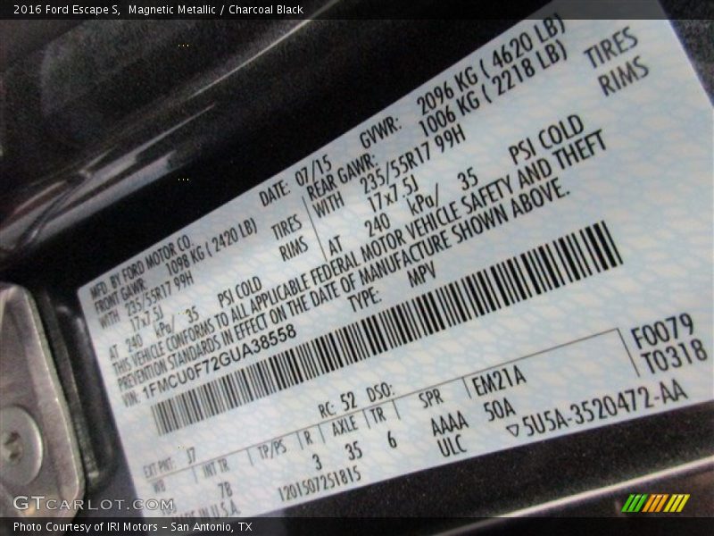 Magnetic Metallic / Charcoal Black 2016 Ford Escape S