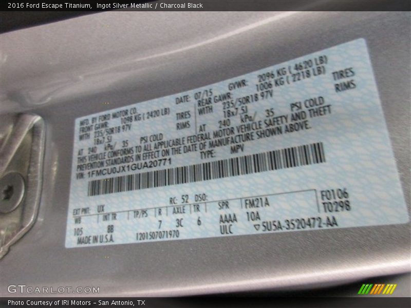 Ingot Silver Metallic / Charcoal Black 2016 Ford Escape Titanium