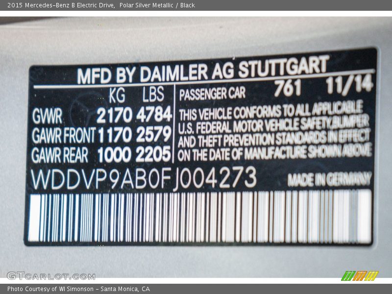 Polar Silver Metallic / Black 2015 Mercedes-Benz B Electric Drive