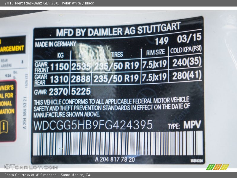 Polar White / Black 2015 Mercedes-Benz GLK 350