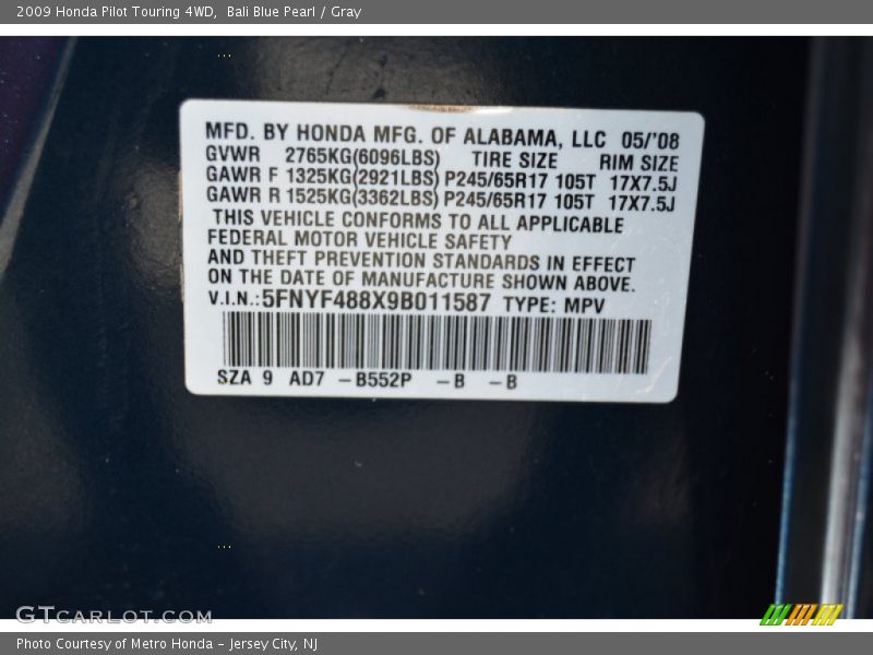 Bali Blue Pearl / Gray 2009 Honda Pilot Touring 4WD