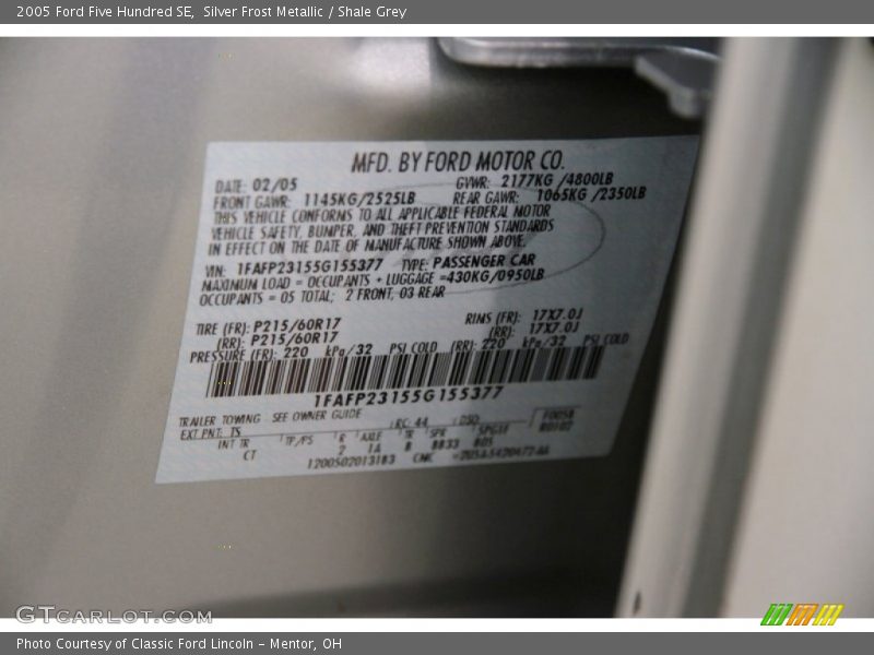 Silver Frost Metallic / Shale Grey 2005 Ford Five Hundred SE