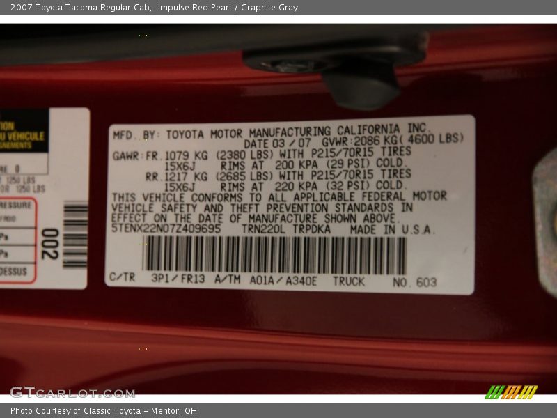 Impulse Red Pearl / Graphite Gray 2007 Toyota Tacoma Regular Cab