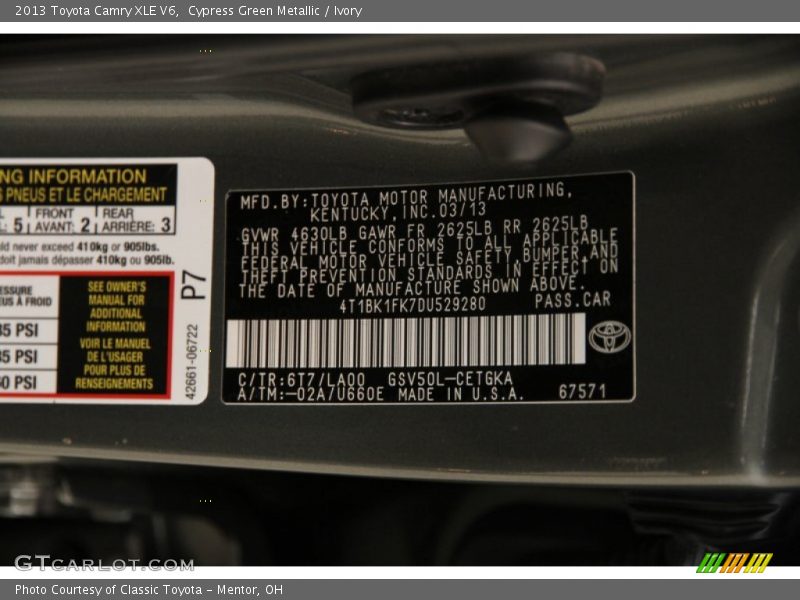 2013 Camry XLE V6 Cypress Green Metallic Color Code 6T7