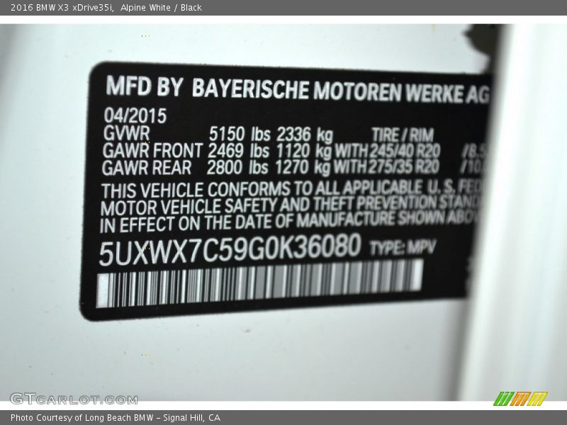 Alpine White / Black 2016 BMW X3 xDrive35i