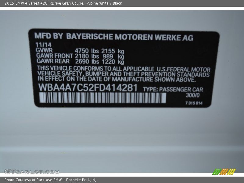 Alpine White / Black 2015 BMW 4 Series 428i xDrive Gran Coupe