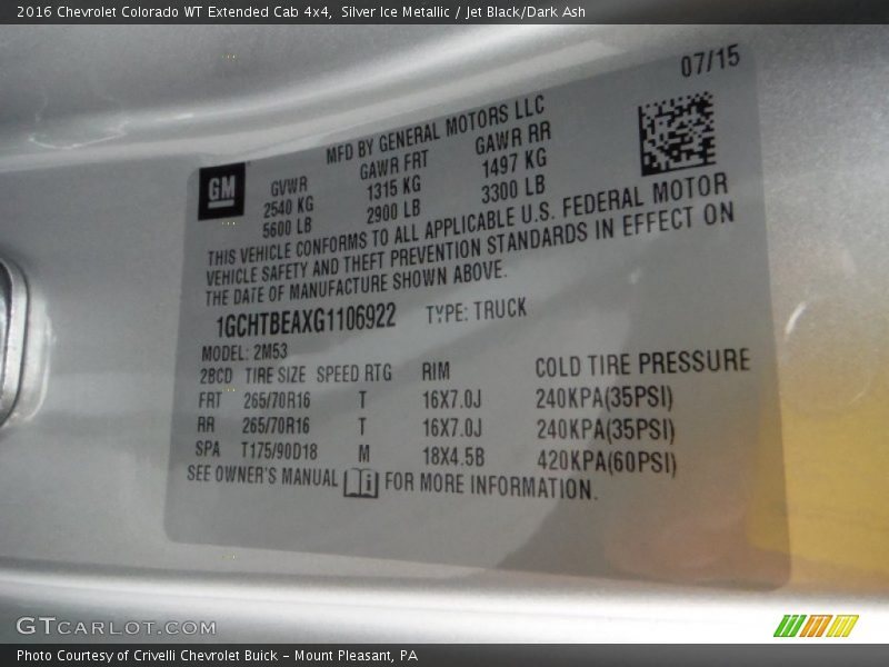 Silver Ice Metallic / Jet Black/Dark Ash 2016 Chevrolet Colorado WT Extended Cab 4x4