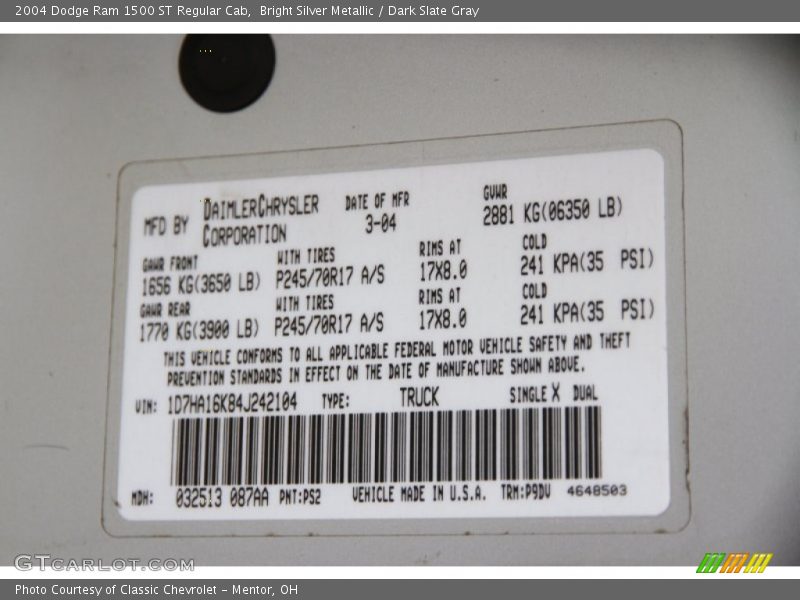 Bright Silver Metallic / Dark Slate Gray 2004 Dodge Ram 1500 ST Regular Cab