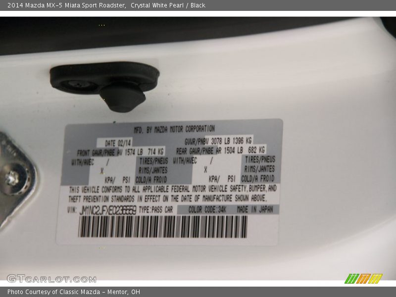 2014 MX-5 Miata Sport Roadster Crystal White Pearl Color Code 34K