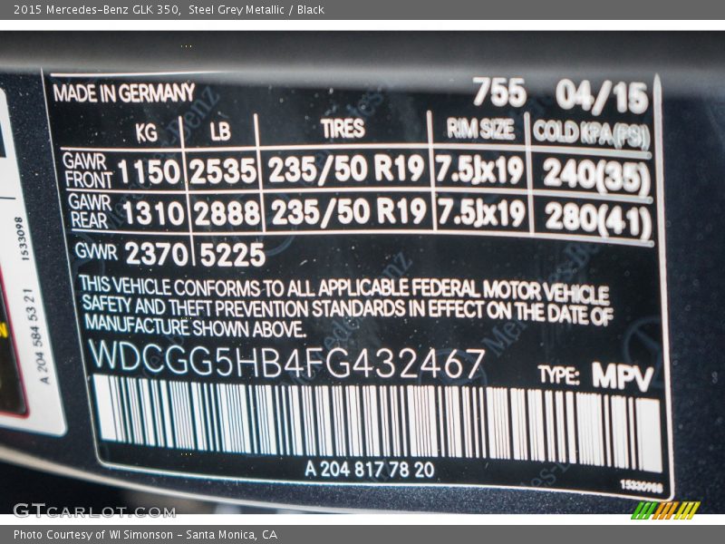 Steel Grey Metallic / Black 2015 Mercedes-Benz GLK 350