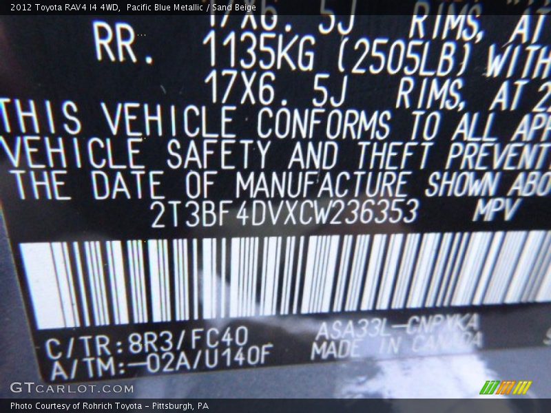 Pacific Blue Metallic / Sand Beige 2012 Toyota RAV4 I4 4WD