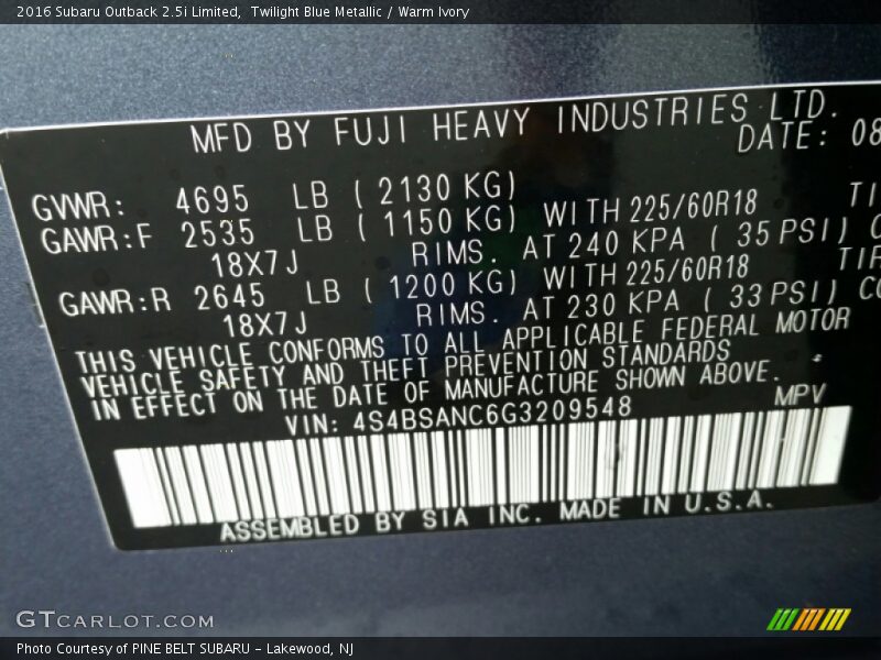Twilight Blue Metallic / Warm Ivory 2016 Subaru Outback 2.5i Limited
