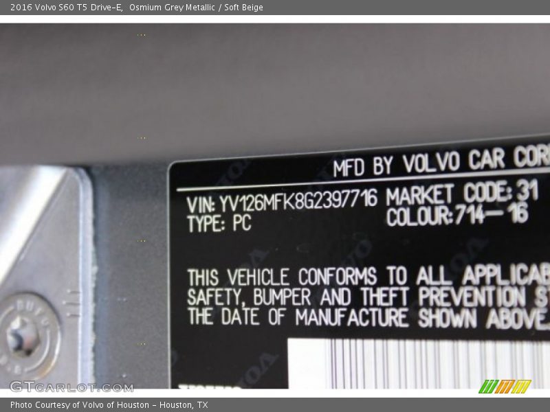 2016 S60 T5 Drive-E Osmium Grey Metallic Color Code 714