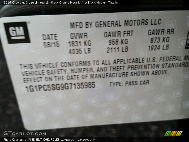 Black Granite Metallic / Jet Black/Medium Titanium 2016 Chevrolet Cruze Limited LS
