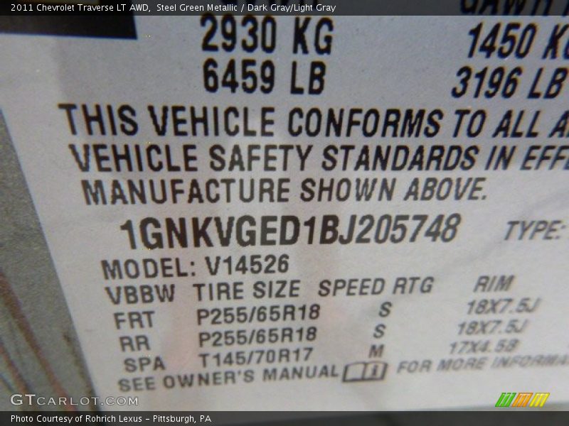 Steel Green Metallic / Dark Gray/Light Gray 2011 Chevrolet Traverse LT AWD