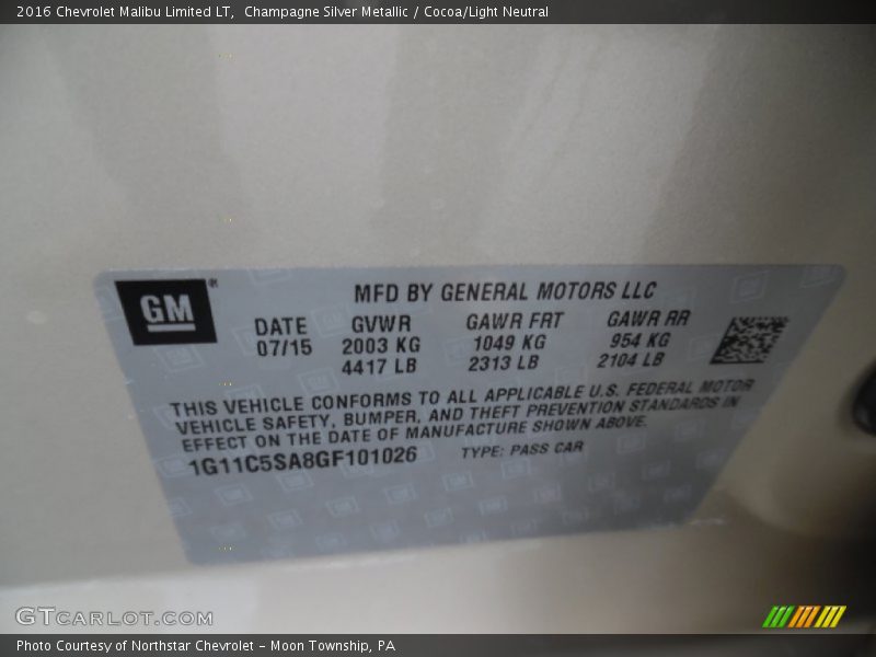 Champagne Silver Metallic / Cocoa/Light Neutral 2016 Chevrolet Malibu Limited LT