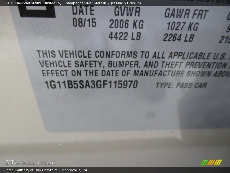 Champagne Silver Metallic / Jet Black/Titanium 2016 Chevrolet Malibu Limited LS