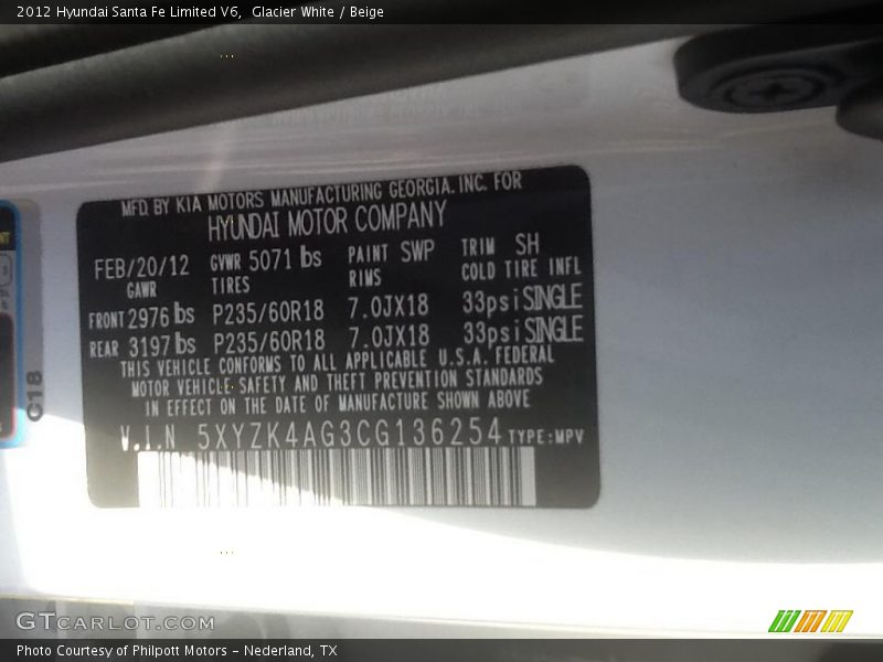 Glacier White / Beige 2012 Hyundai Santa Fe Limited V6