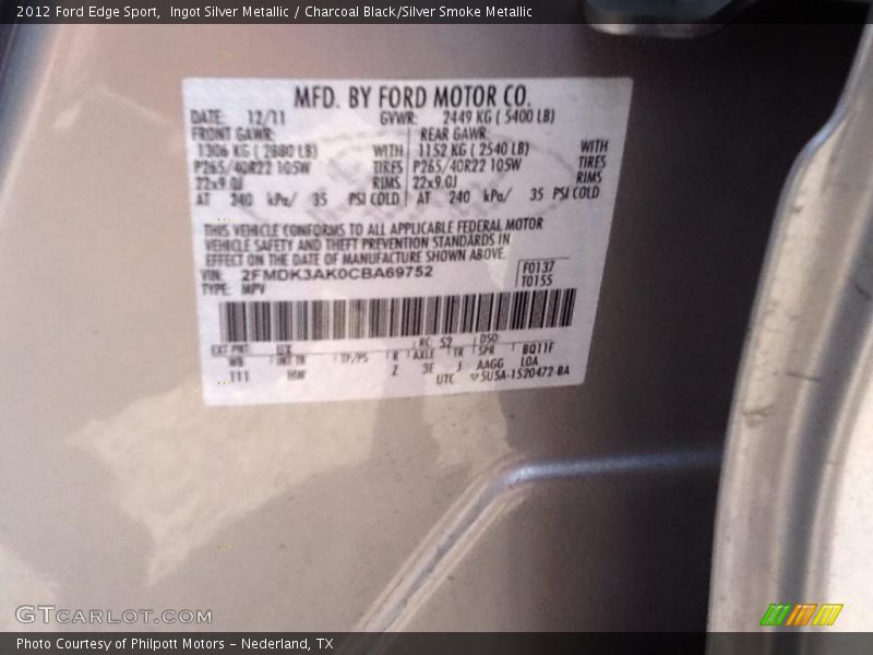 Ingot Silver Metallic / Charcoal Black/Silver Smoke Metallic 2012 Ford Edge Sport