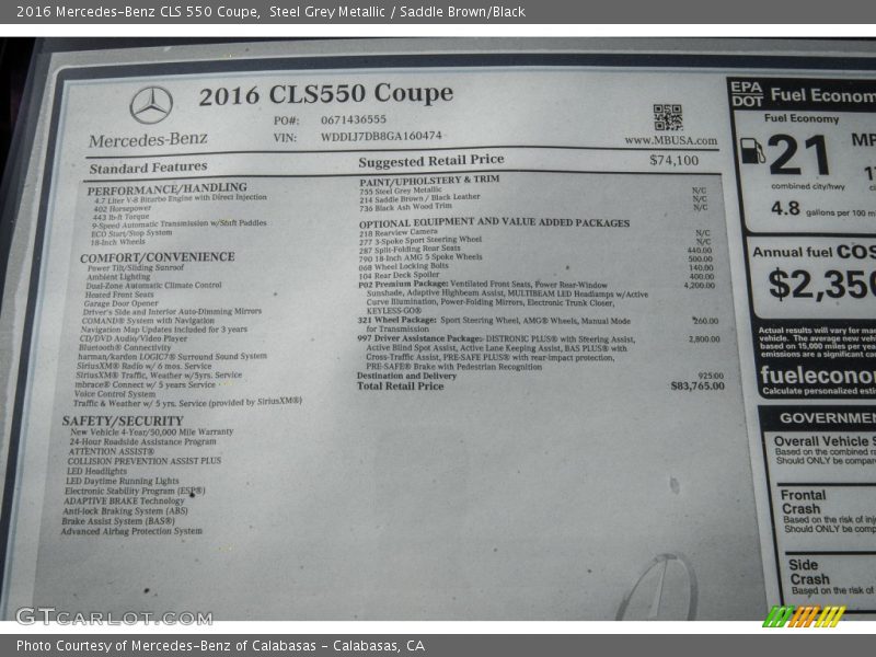  2016 CLS 550 Coupe Window Sticker