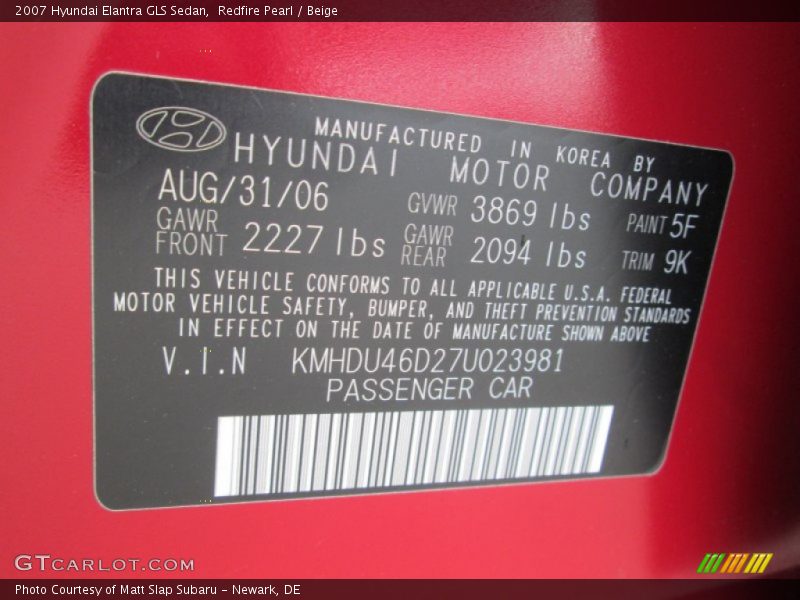 Redfire Pearl / Beige 2007 Hyundai Elantra GLS Sedan