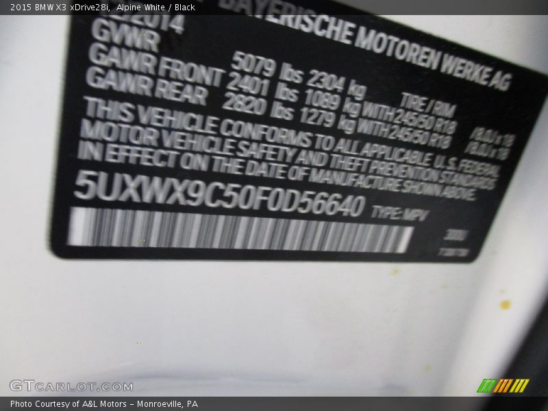 Alpine White / Black 2015 BMW X3 xDrive28i