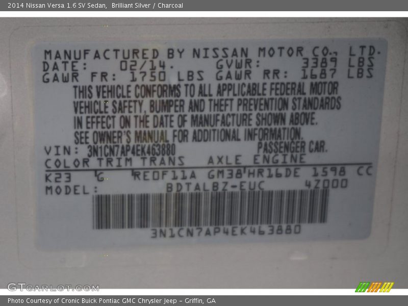 Brilliant Silver / Charcoal 2014 Nissan Versa 1.6 SV Sedan