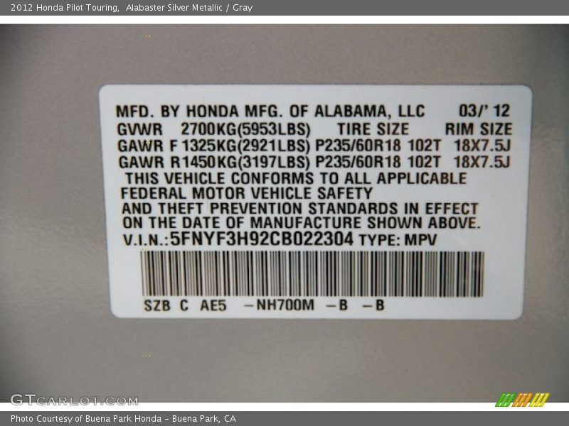 Alabaster Silver Metallic / Gray 2012 Honda Pilot Touring