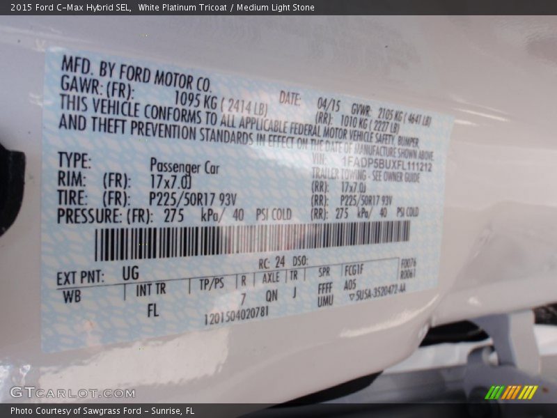 2015 C-Max Hybrid SEL White Platinum Tricoat Color Code UG