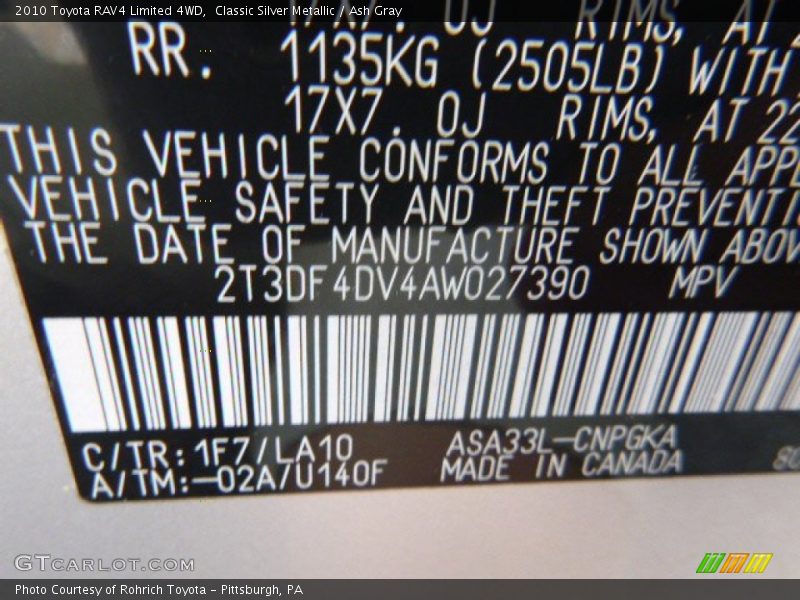 Classic Silver Metallic / Ash Gray 2010 Toyota RAV4 Limited 4WD