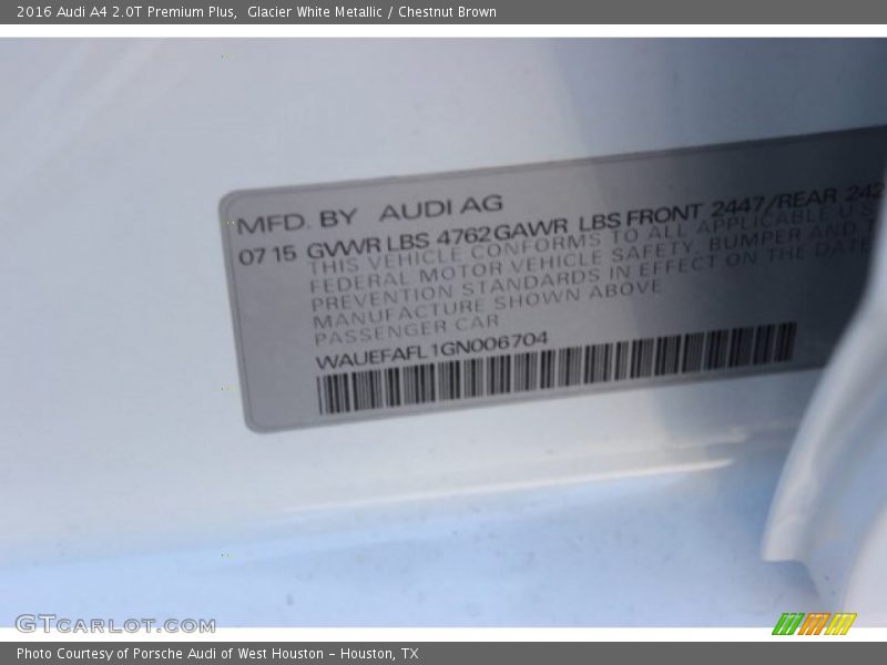 Glacier White Metallic / Chestnut Brown 2016 Audi A4 2.0T Premium Plus