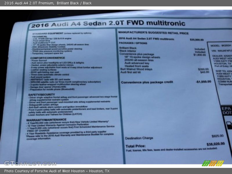  2016 A4 2.0T Premium Window Sticker