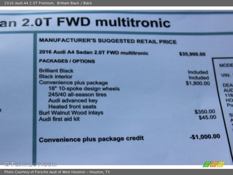  2016 A4 2.0T Premium Window Sticker