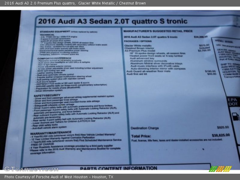 Glacier White Metallic / Chestnut Brown 2016 Audi A3 2.0 Premium Plus quattro