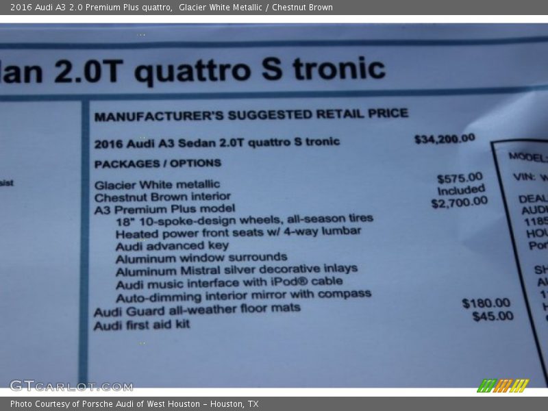 Glacier White Metallic / Chestnut Brown 2016 Audi A3 2.0 Premium Plus quattro