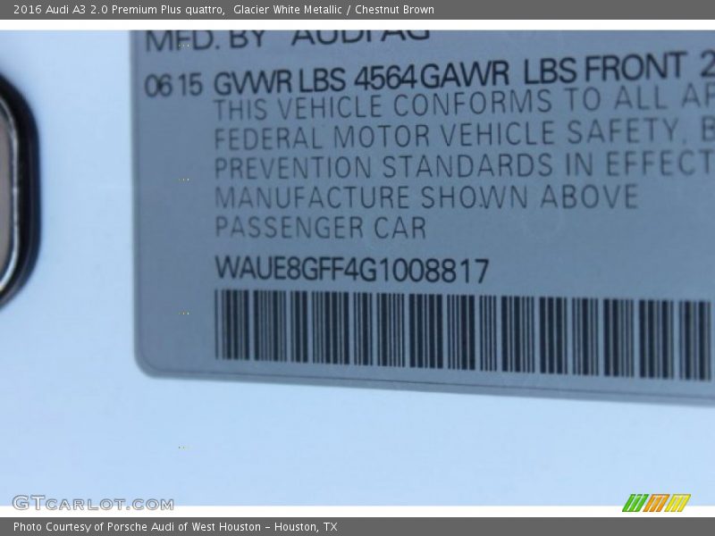 Glacier White Metallic / Chestnut Brown 2016 Audi A3 2.0 Premium Plus quattro