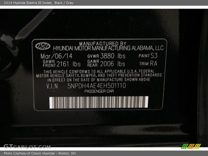 Black / Gray 2014 Hyundai Elantra SE Sedan