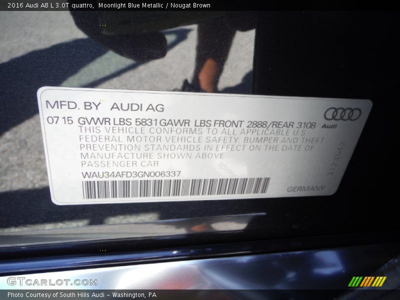 Moonlight Blue Metallic / Nougat Brown 2016 Audi A8 L 3.0T quattro