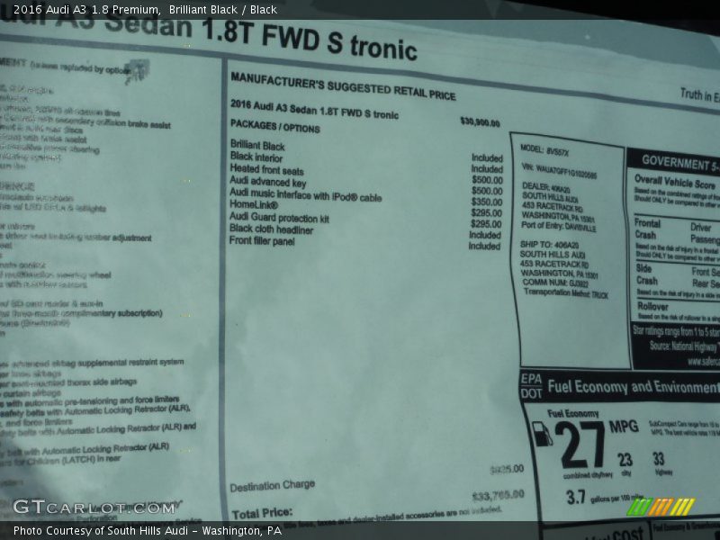 Brilliant Black / Black 2016 Audi A3 1.8 Premium
