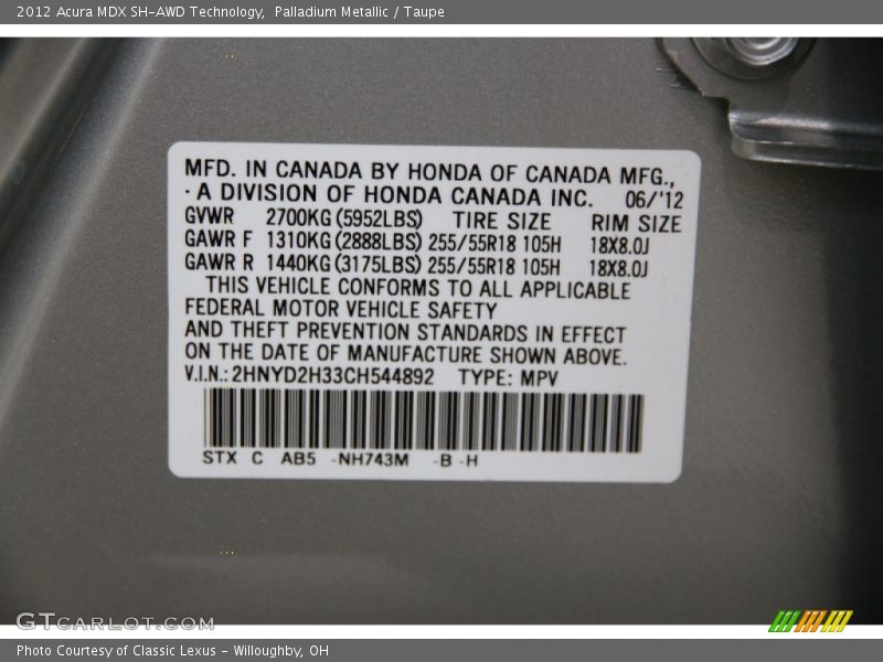 Palladium Metallic / Taupe 2012 Acura MDX SH-AWD Technology